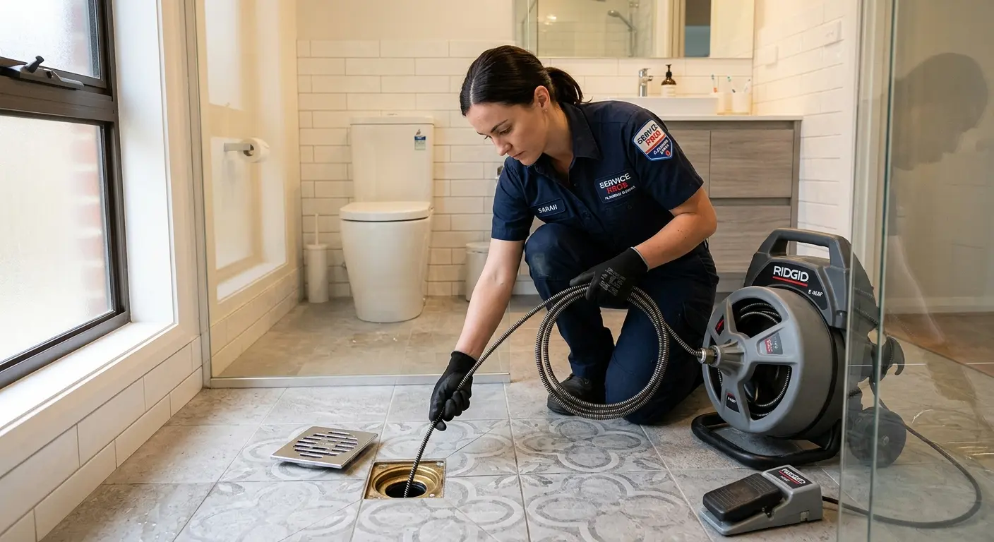 Technician clearing a bathroom floor drain for Drain Repair in Dracut